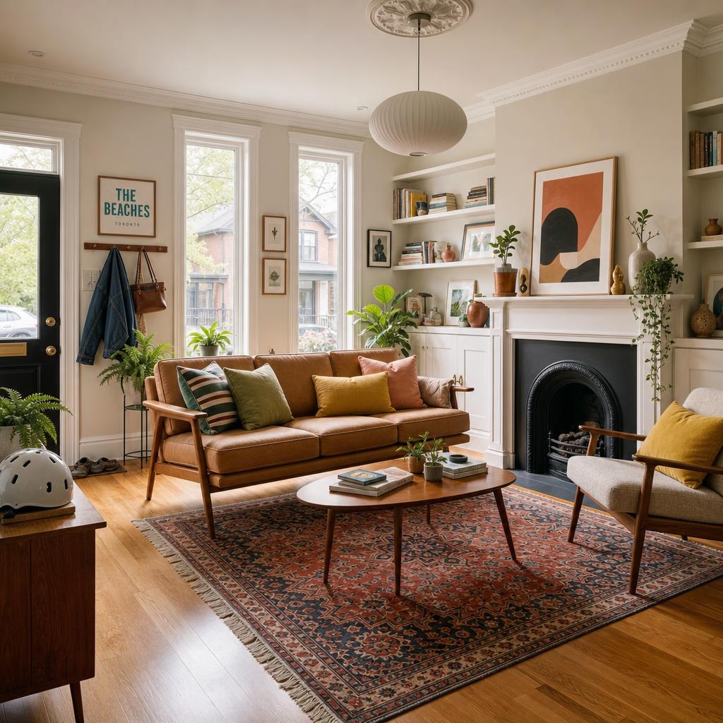 A clean, organized, and cozy modern living room in a Toronto Beaches home with a mid-century sofa, vintage rug, and bright natural light